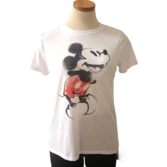 T-Shirt Disney Mickey Mouse White Red Black Short-Sleeved Women's Size - Picture 1 of 11